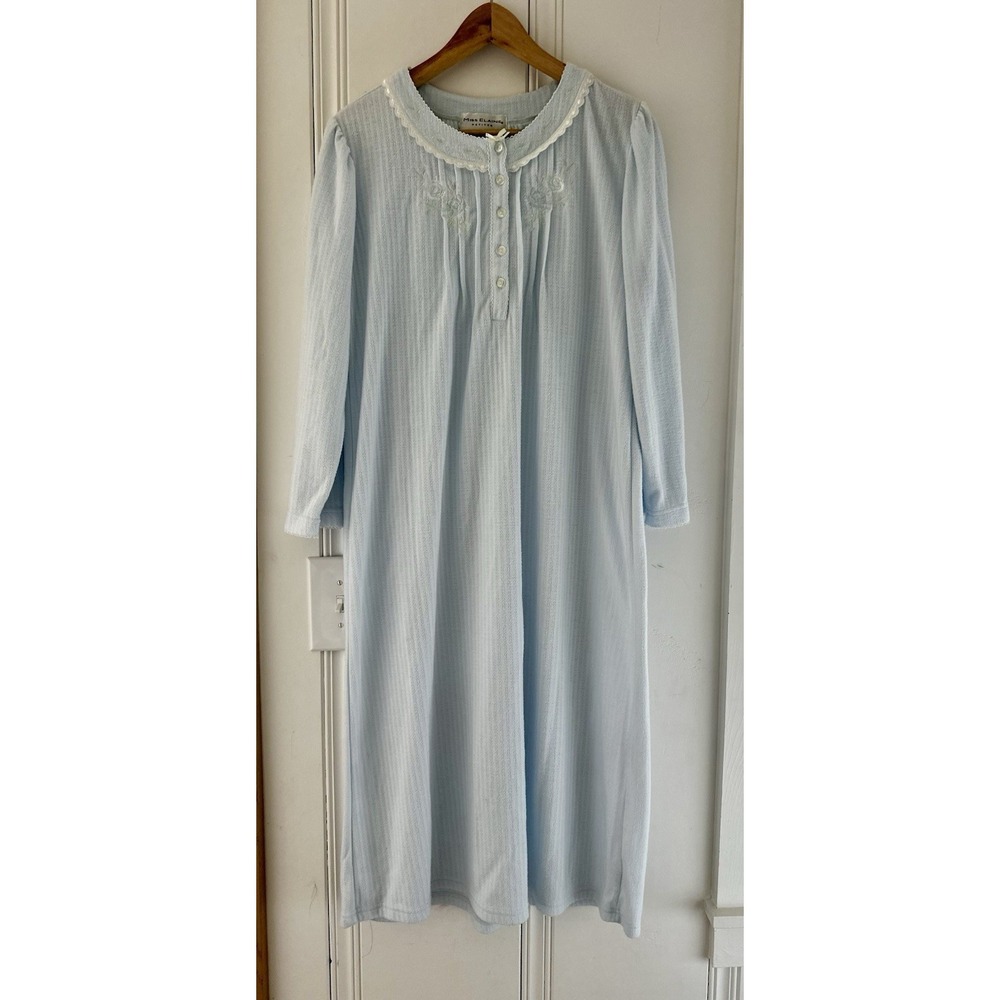 Miss Elaine Petite Blue Nightgown Dress PM Button Front Lace Trim Long Sleeve